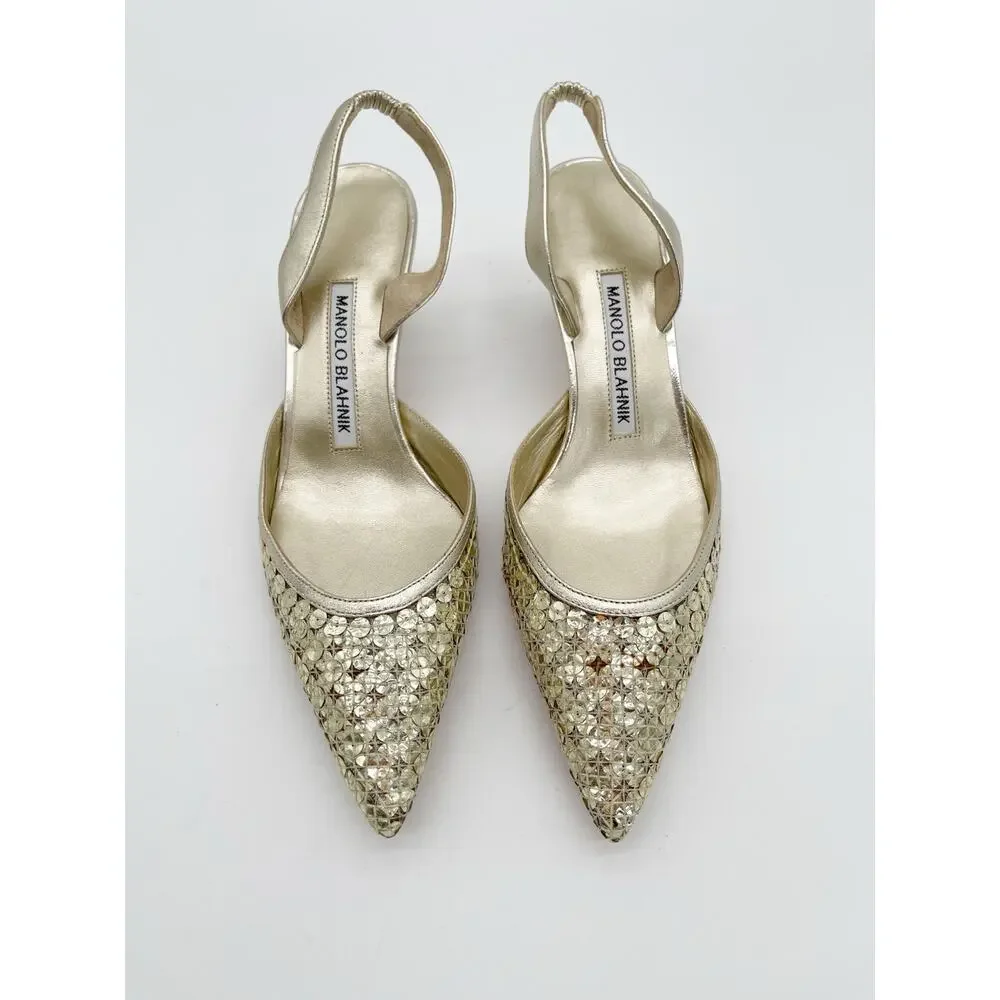 Manolo Blahnik Carolmour Gold Leather Sequin Pointed Toe Slingback Heels IT 35.5